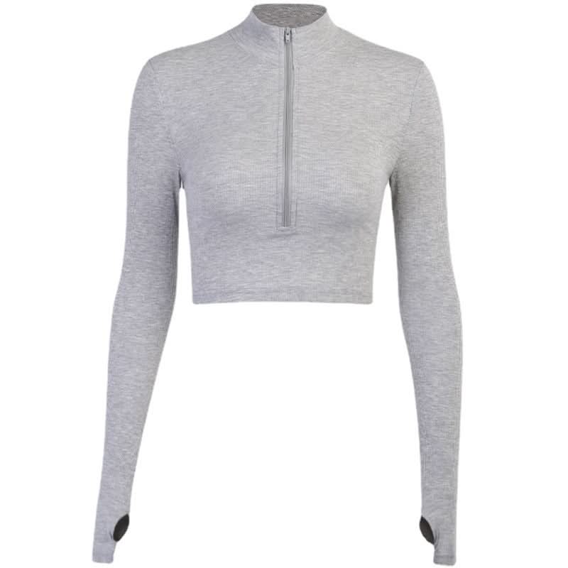 Cozy Chic Ribbed Quarter-Zip Crop Top | Women's Long Sleeve Athleisure with Thumbholes for Fall