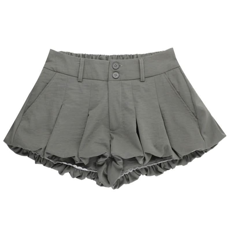 Chic High-Waist Bubble Skort with Lace Trim | Pleated Grey Fall Fashion Shorts