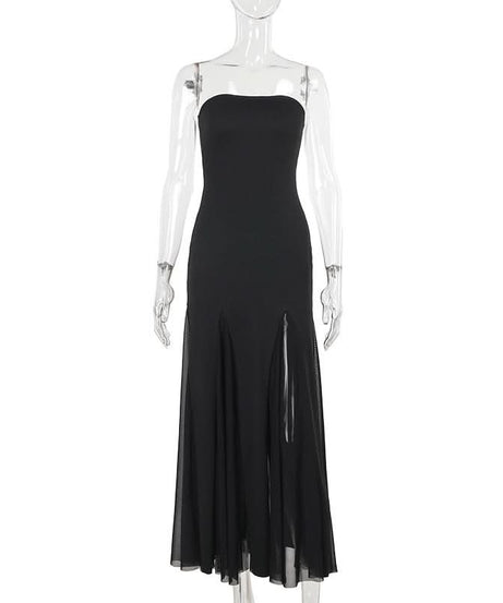 Chic Black Strapless Maxi Dress with Sultry Mesh Slits - Your Go-To for Fall Galas & Holiday Parties