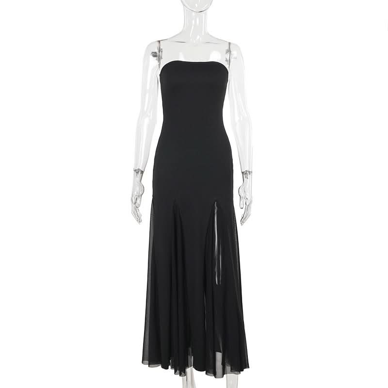Chic Black Strapless Maxi Dress with Sultry Mesh Slits - Your Go-To for Fall Galas & Holiday Parties