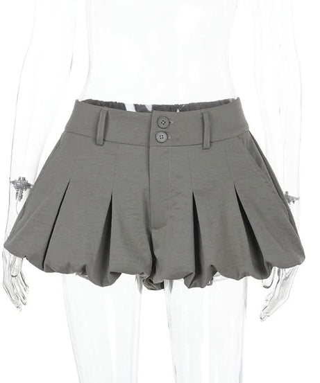 Chic High-Waist Bubble Skort with Lace Trim | Pleated Grey Fall Fashion Shorts