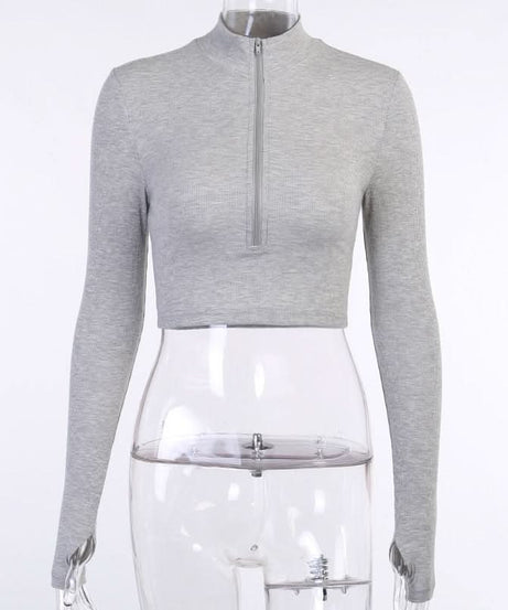 Cozy Chic Ribbed Quarter-Zip Crop Top | Women's Long Sleeve Athleisure with Thumbholes for Fall