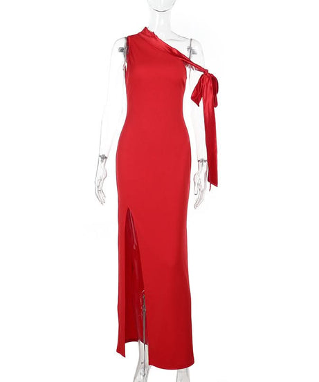 Scarlet Siren: Elegant One-Shoulder High Slit Maxi Dress – Your Glamorous Pick for Fall & Holiday Events
