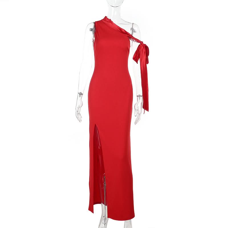 Scarlet Siren: Elegant One-Shoulder High Slit Maxi Dress – Your Glamorous Pick for Fall & Holiday Events