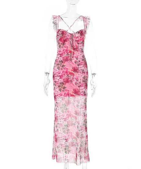 Vibrant Hot Pink Floral Mesh Maxi Dress | Ruffled Cami Cross-Back for Fall Events & Tropical Getaways