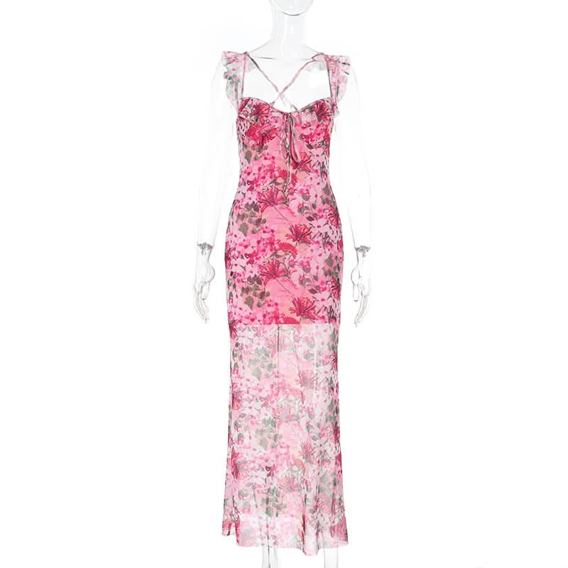 Vibrant Hot Pink Floral Mesh Maxi Dress | Ruffled Cami Cross-Back for Fall Events & Tropical Getaways