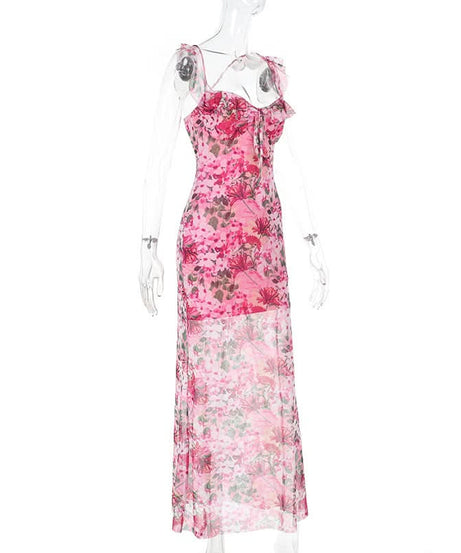 Vibrant Hot Pink Floral Mesh Maxi Dress | Ruffled Cami Cross-Back for Fall Events & Tropical Getaways