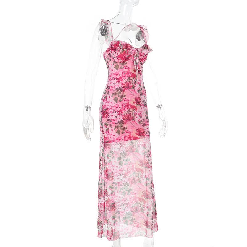 Vibrant Hot Pink Floral Mesh Maxi Dress | Ruffled Cami Cross-Back for Fall Events & Tropical Getaways