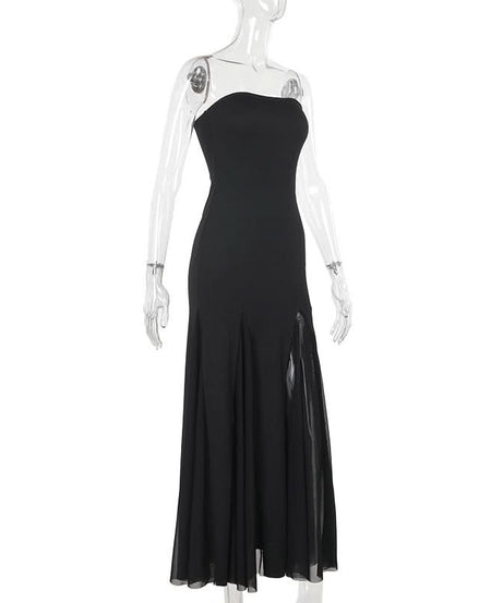 Chic Black Strapless Maxi Dress with Sultry Mesh Slits - Your Go-To for Fall Galas & Holiday Parties