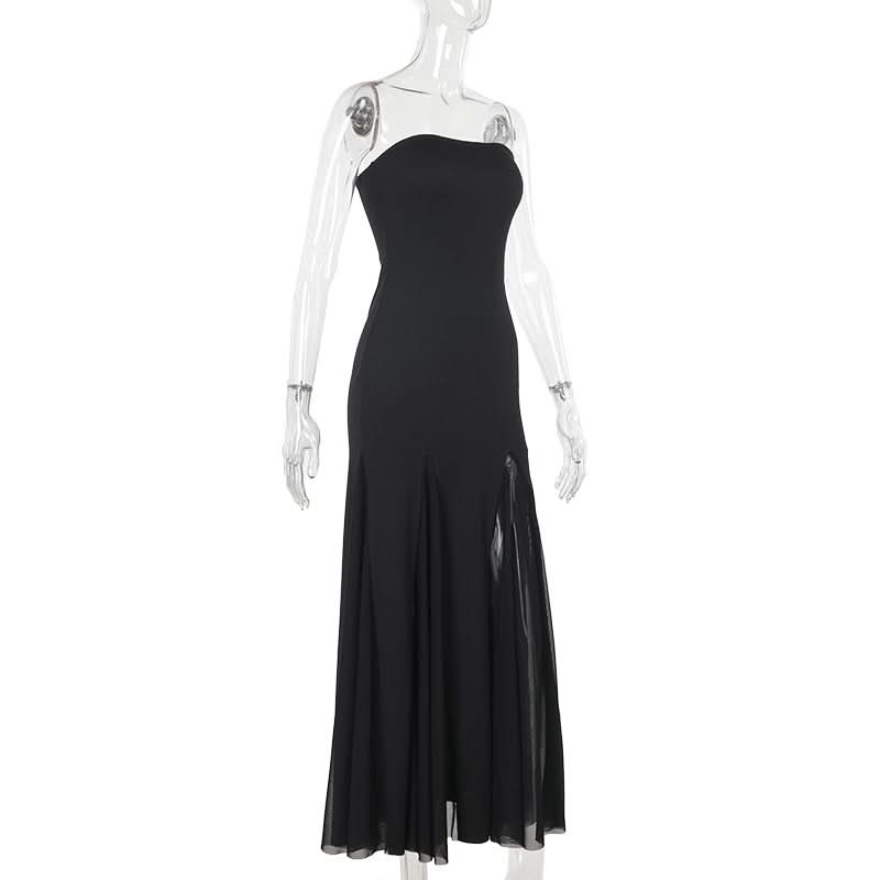 Chic Black Strapless Maxi Dress with Sultry Mesh Slits - Your Go-To for Fall Galas & Holiday Parties