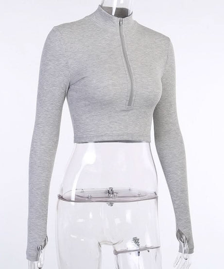 Cozy Chic Ribbed Quarter-Zip Crop Top | Women's Long Sleeve Athleisure with Thumbholes for Fall