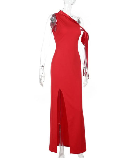 Scarlet Siren: Elegant One-Shoulder High Slit Maxi Dress – Your Glamorous Pick for Fall & Holiday Events