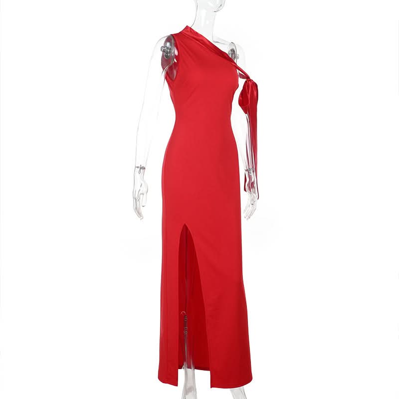 Scarlet Siren: Elegant One-Shoulder High Slit Maxi Dress – Your Glamorous Pick for Fall & Holiday Events