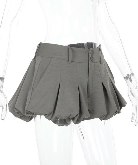 Chic High-Waist Bubble Skort with Lace Trim | Pleated Grey Fall Fashion Shorts