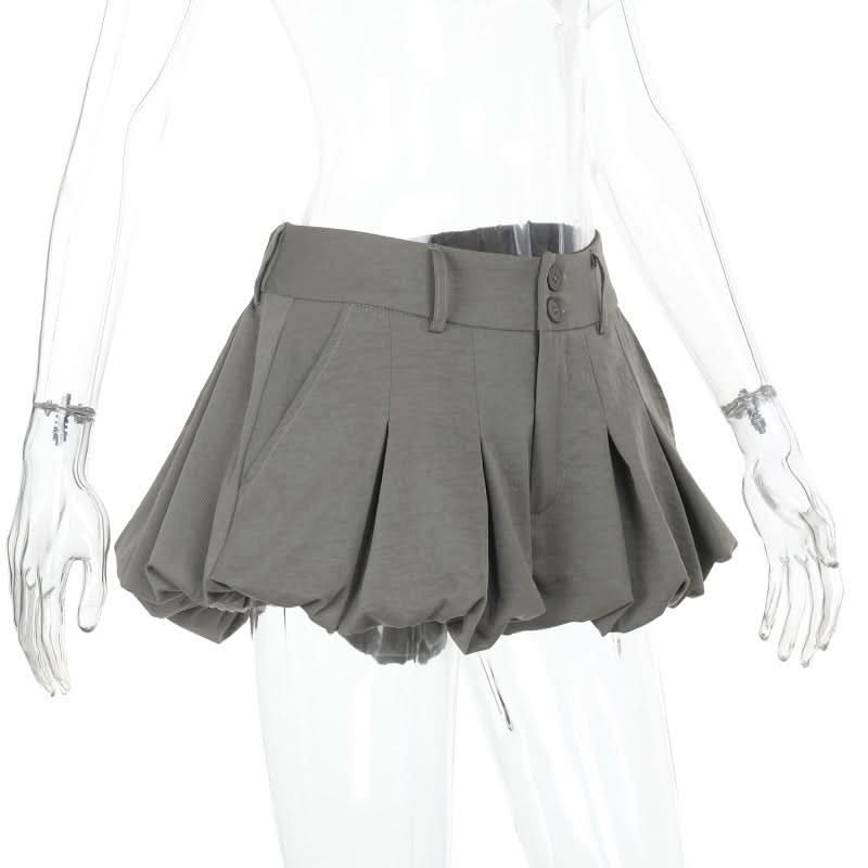Chic High-Waist Bubble Skort with Lace Trim | Pleated Grey Fall Fashion Shorts