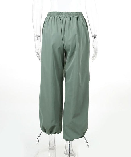 Effortless Fall Style: Women's Sage Green Baggy Cargo Pants | Wide-Leg Drawstring Trousers