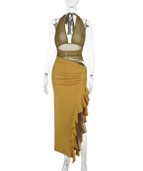 Sienna Olive Halter Mesh Cut-Out Maxi Dress - Chic Ruched Ruffle for Fall & Holiday Events
