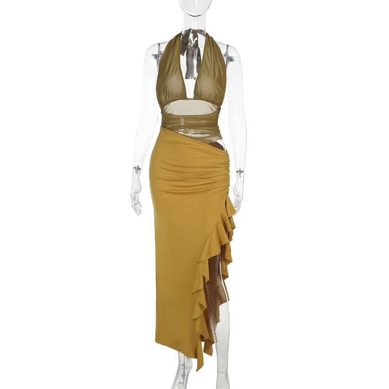 Sienna Olive Halter Mesh Cut-Out Maxi Dress - Chic Ruched Ruffle for Fall & Holiday Events