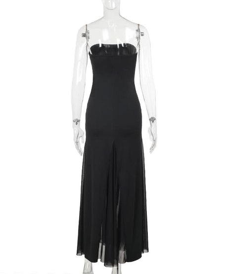 Chic Black Strapless Maxi Dress with Sultry Mesh Slits - Your Go-To for Fall Galas & Holiday Parties