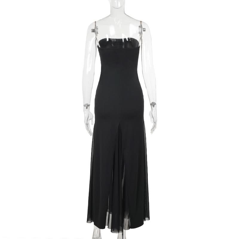 Chic Black Strapless Maxi Dress with Sultry Mesh Slits - Your Go-To for Fall Galas & Holiday Parties