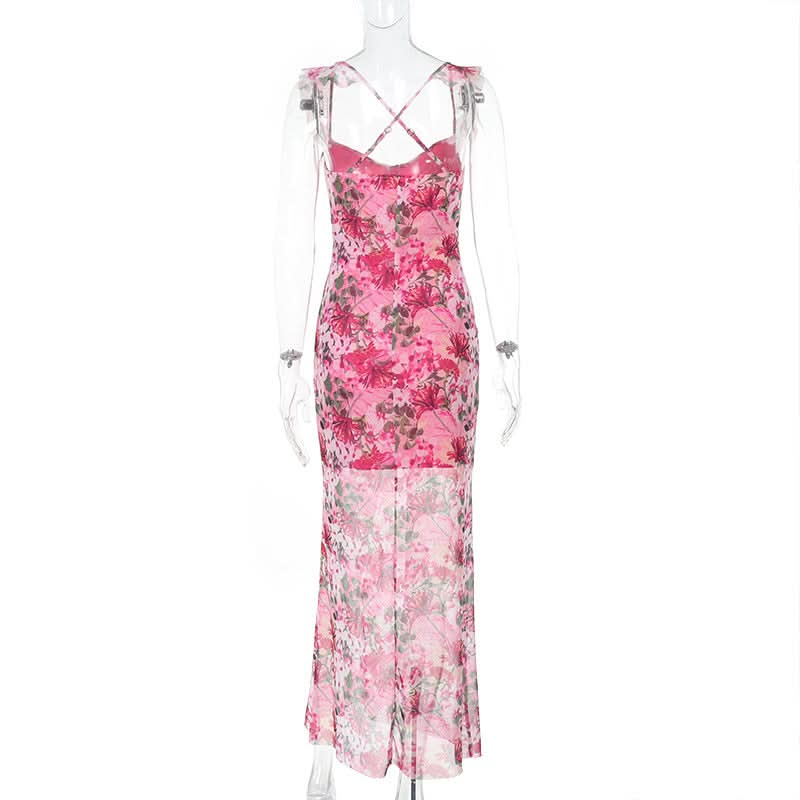 Vibrant Hot Pink Floral Mesh Maxi Dress | Ruffled Cami Cross-Back for Fall Events & Tropical Getaways