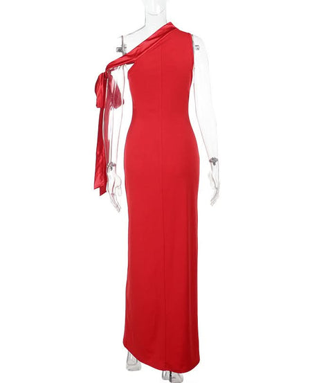 Scarlet Siren: Elegant One-Shoulder High Slit Maxi Dress – Your Glamorous Pick for Fall & Holiday Events