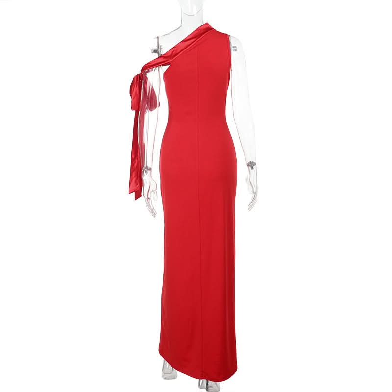 Scarlet Siren: Elegant One-Shoulder High Slit Maxi Dress – Your Glamorous Pick for Fall & Holiday Events
