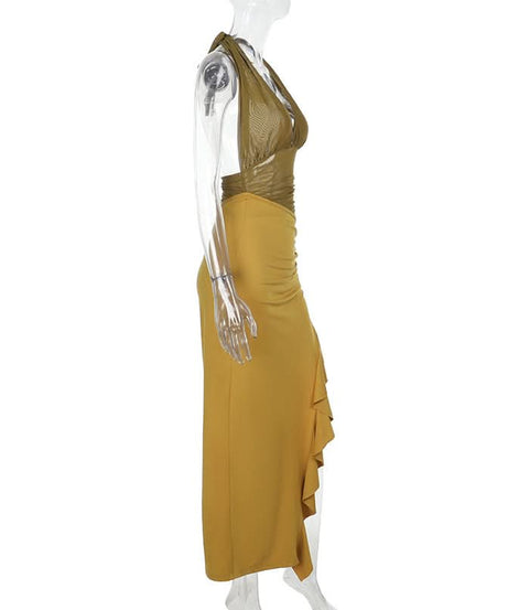 Sienna Olive Halter Mesh Cut-Out Maxi Dress - Chic Ruched Ruffle for Fall & Holiday Events
