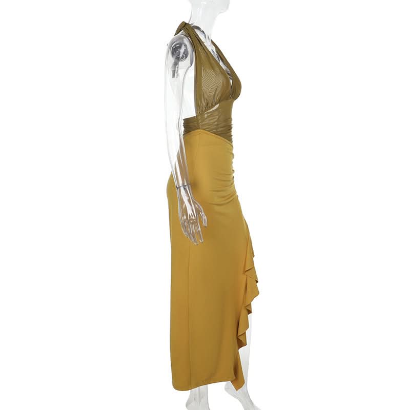 Sienna Olive Halter Mesh Cut-Out Maxi Dress - Chic Ruched Ruffle for Fall & Holiday Events