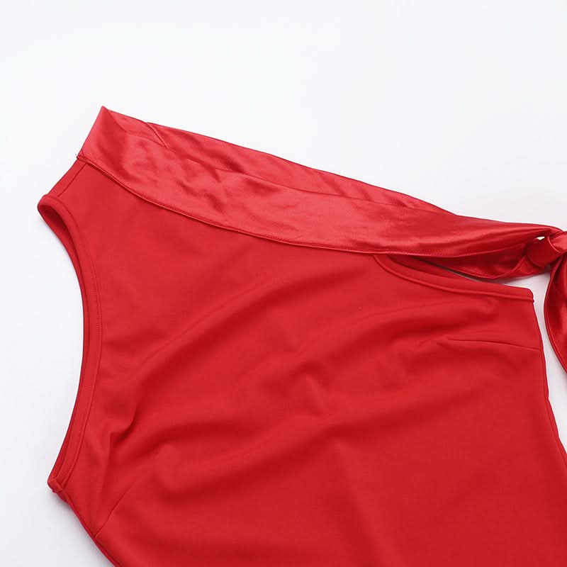 Scarlet Siren: Elegant One-Shoulder High Slit Maxi Dress – Your Glamorous Pick for Fall & Holiday Events