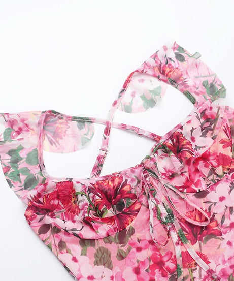 Vibrant Hot Pink Floral Mesh Maxi Dress | Ruffled Cami Cross-Back for Fall Events & Tropical Getaways