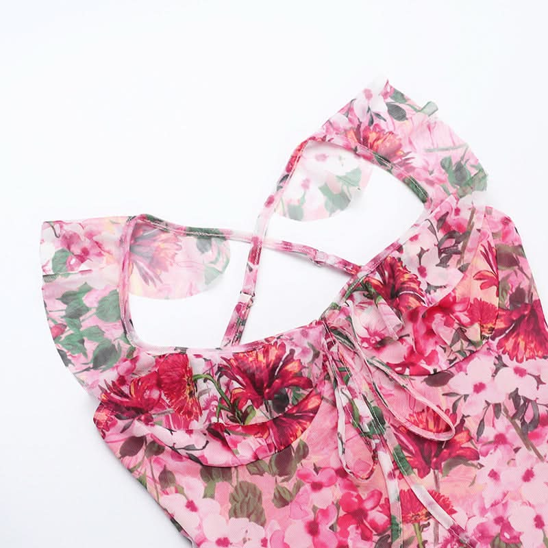 Vibrant Hot Pink Floral Mesh Maxi Dress | Ruffled Cami Cross-Back for Fall Events & Tropical Getaways