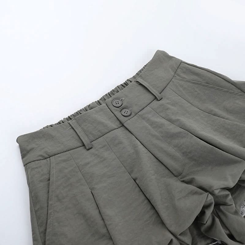 Chic High-Waist Bubble Skort with Lace Trim | Pleated Grey Fall Fashion Shorts