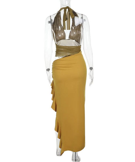 Sienna Olive Halter Mesh Cut-Out Maxi Dress - Chic Ruched Ruffle for Fall & Holiday Events