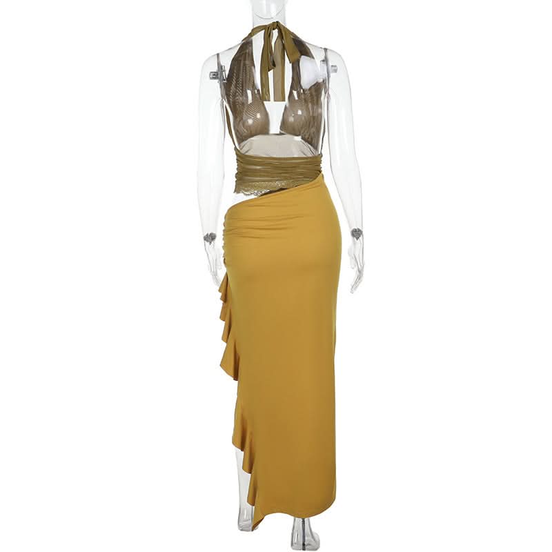 Sienna Olive Halter Mesh Cut-Out Maxi Dress - Chic Ruched Ruffle for Fall & Holiday Events