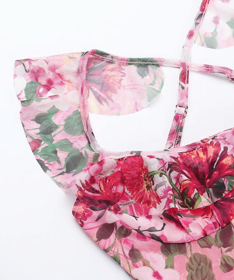 Vibrant Hot Pink Floral Mesh Maxi Dress | Ruffled Cami Cross-Back for Fall Events & Tropical Getaways