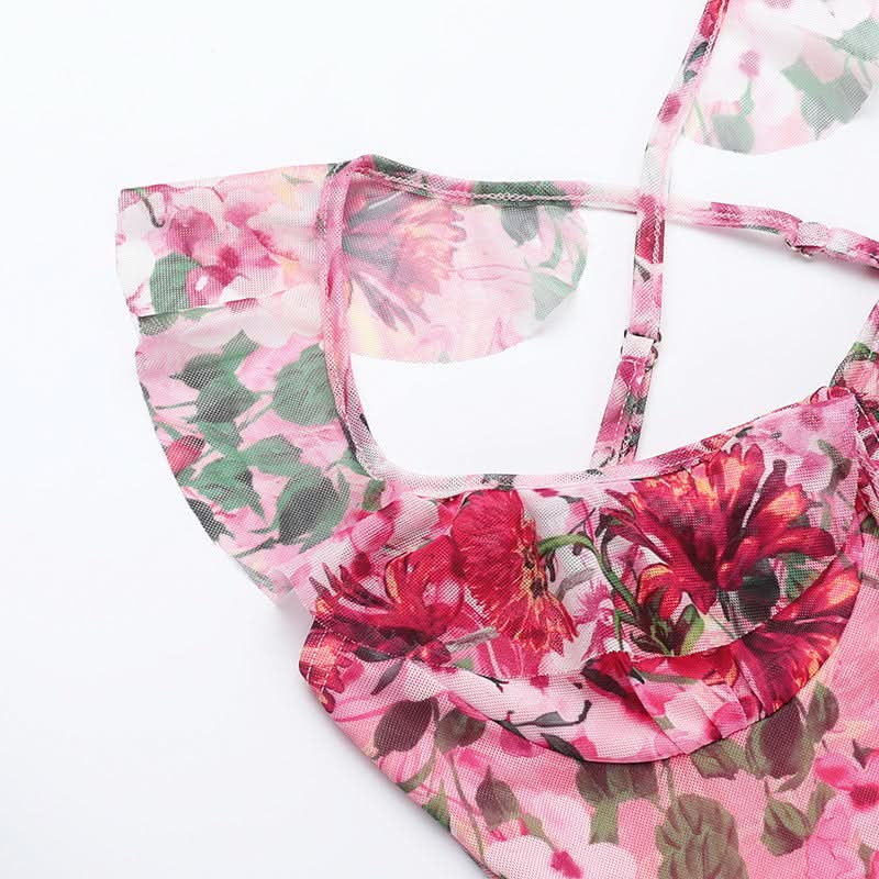 Vibrant Hot Pink Floral Mesh Maxi Dress | Ruffled Cami Cross-Back for Fall Events & Tropical Getaways