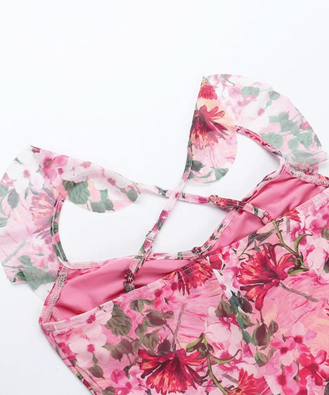 Vibrant Hot Pink Floral Mesh Maxi Dress | Ruffled Cami Cross-Back for Fall Events & Tropical Getaways