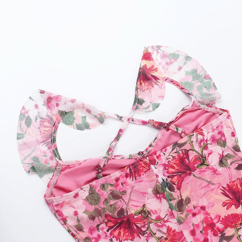 Vibrant Hot Pink Floral Mesh Maxi Dress | Ruffled Cami Cross-Back for Fall Events & Tropical Getaways