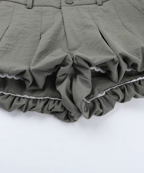 Chic High-Waist Bubble Skort with Lace Trim | Pleated Grey Fall Fashion Shorts