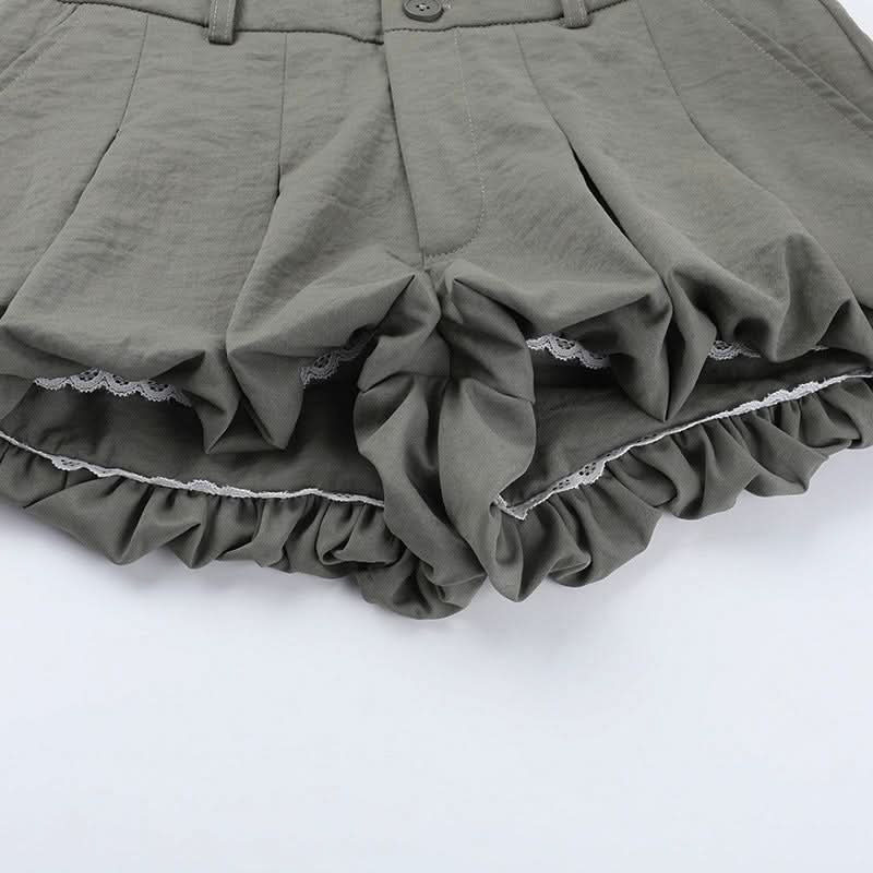 Chic High-Waist Bubble Skort with Lace Trim | Pleated Grey Fall Fashion Shorts
