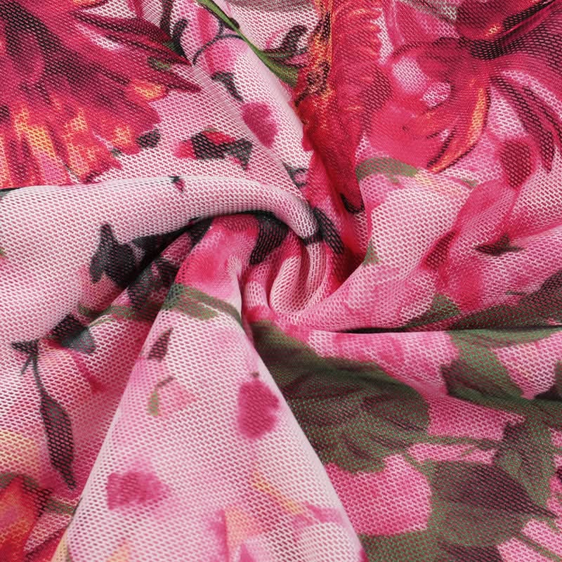 Vibrant Hot Pink Floral Mesh Maxi Dress | Ruffled Cami Cross-Back for Fall Events & Tropical Getaways