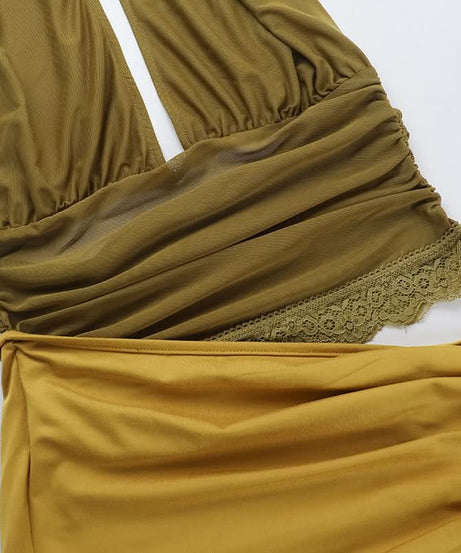 Sienna Olive Halter Mesh Cut-Out Maxi Dress - Chic Ruched Ruffle for Fall & Holiday Events