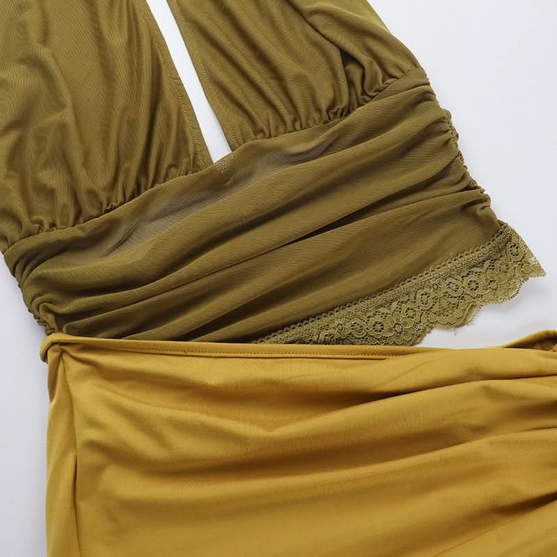 Sienna Olive Halter Mesh Cut-Out Maxi Dress - Chic Ruched Ruffle for Fall & Holiday Events