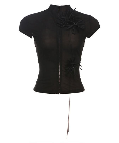 Black Sheer Mock Neck Top with Edgy Floral Appliques – Fall Evening & Halloween Chic