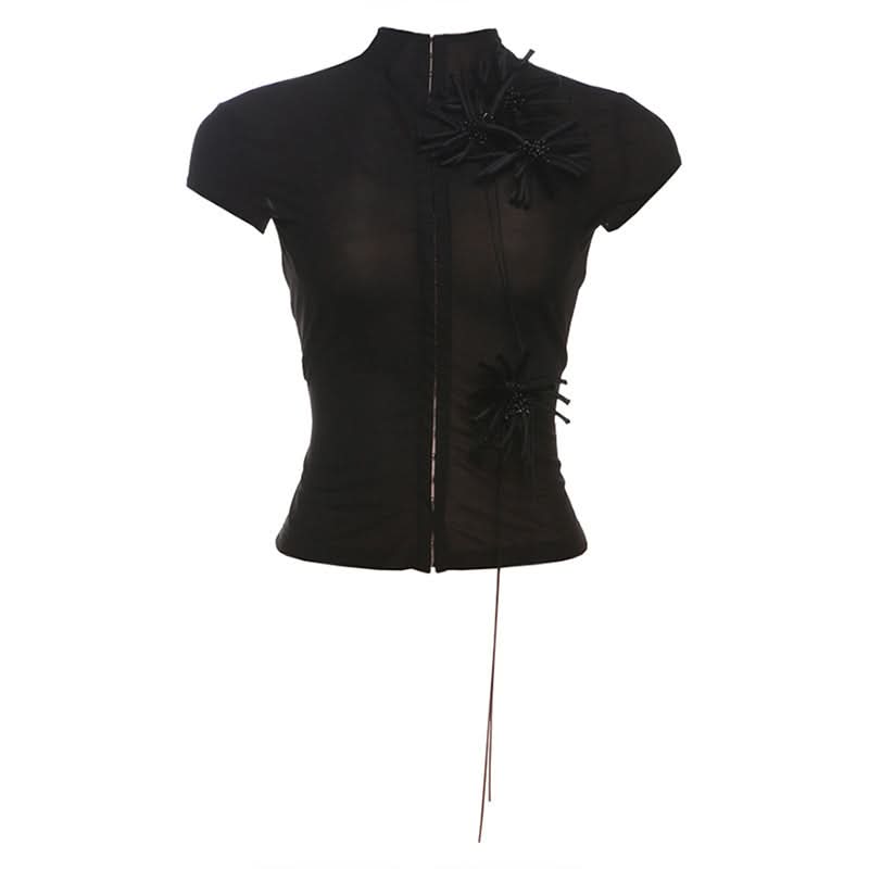 Black Sheer Mock Neck Top with Edgy Floral Appliques – Fall Evening & Halloween Chic