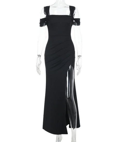 Glamorous Black Off-Shoulder High Slit Maxi Dress - Fall & Holiday Party Essential