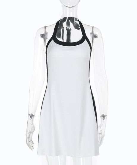 Sporty Chic Halter Mini Dress with Contrast Trim – Your Versatile Fall Essential