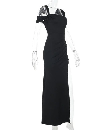 Glamorous Black Off-Shoulder High Slit Maxi Dress - Fall & Holiday Party Essential