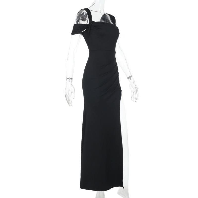 Glamorous Black Off-Shoulder High Slit Maxi Dress - Fall & Holiday Party Essential